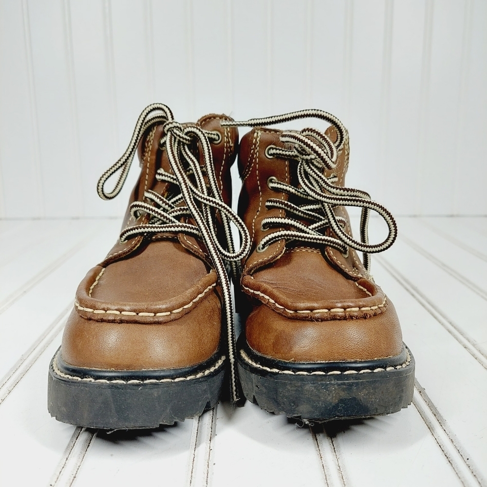 GAP Brown Leather Lace Up Kids Statement Stitching Comfy Boots A276 - Picture 2 of 12